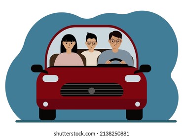 A man drives a red car next to two passengers. There are three people in the car, friends, family. Foreground. Vector flat illustration