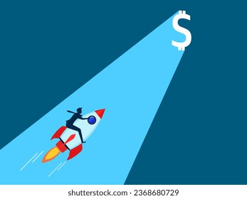 man drives a rocket towards the shining money gate