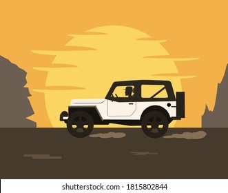 The man drives an SUV car against the backdrop of the setting sun and mountains. Vector illustration in a flat style.