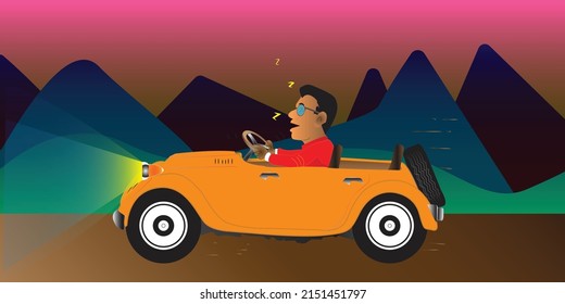 Man drives a vintage car at sun dawn, Night car ride, Happy man and freedom of joy, vintage car illustration, car ride early in the morning