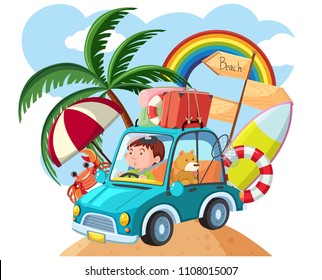 Man driving to the beach illustration