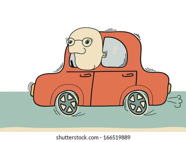 Man driving by car.Vector cartoons illustration isolated on white 