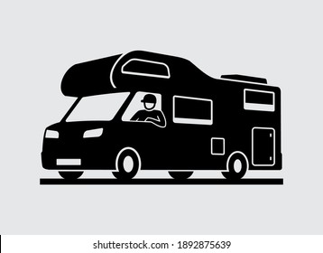 Man Driving Camper Motorhome Recreational Vehicle Vector Icon