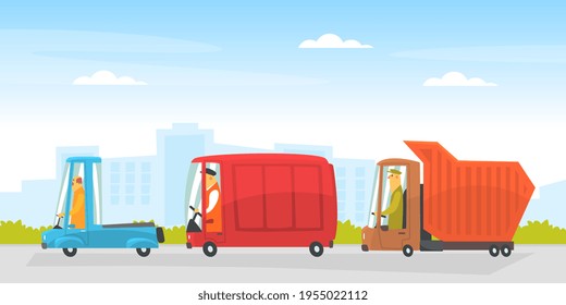 Man Driving Car Along the City Road Vector Illustration
