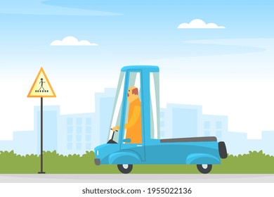 Man Driving Car Along the City Road Vector Illustration