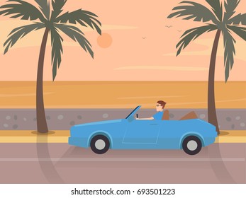 Man driving car with beach background