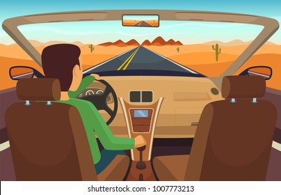 Man Driving Car. Cabriolet Inside Transportation, Man In Vehicle, Vector Illustration