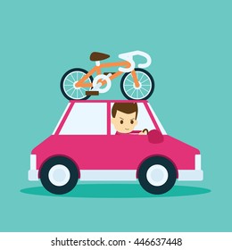 man driving a car carrying a bicycle on the roof