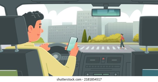 Man driving a car is distracted by the phone. Dangerous behavior of the driver on the road leading to a car accident. Vector illustration in flat style