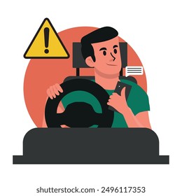 Man driving a car is distracted by the phone. Dangerous behavior of the driver on the road leading to a car accident. Vector illustration in flat style.
