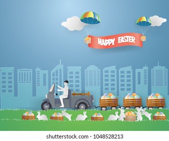 Man is driving the car and drag the egg basket on the park in spring season.EASTER concept,vector and illustration.