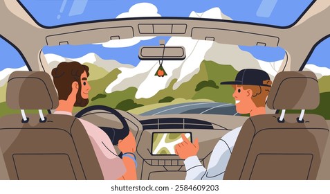 Man driving car. Driver and friend passenger inside auto on road trip, travel adventure through nature landscape with mountain, rock. Interior view with steering wheel. Flat vector illustration