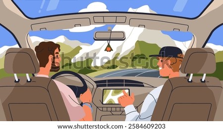 Man driving car. Driver and friend passenger inside auto on road trip, travel adventure through nature landscape with mountain, rock. Interior view with steering wheel. Flat vector illustration