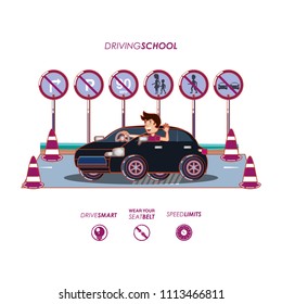 man driving car with driver safely icons
