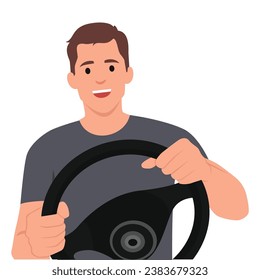 Hombre conduciendo un coche, vista frontal desde el interior, personaje masculino de conductor sosteniendo manos en una rueda de dirección. Ilustración vectorial plana aislada en fondo blanco