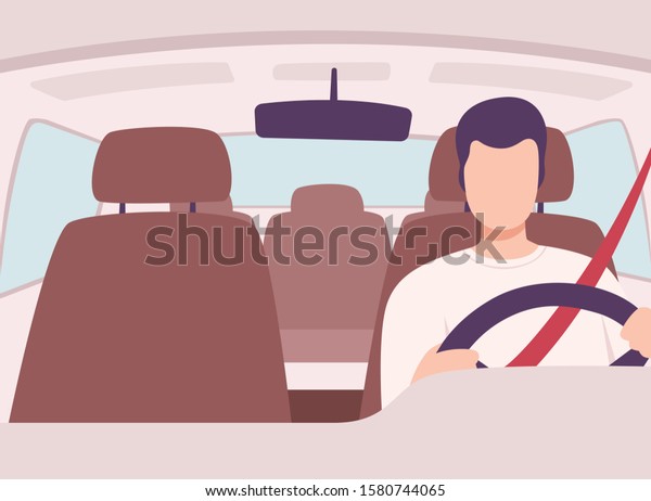 Man\
Driving a Car, Front View from the Inside, Male Driver Character\
Holding Hands on a Steering Wheel Vector\
Illustration