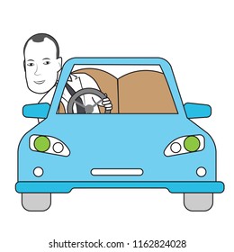 Man driving a car giving direction growth write your text in front of the car progress of business direction colored