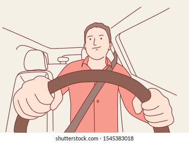 Man driving a car. Hand drawn vector illustration.