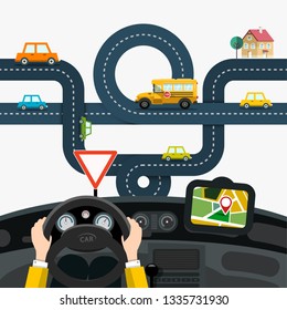 Man Driving Car with Hands on Steering Wheel and Road with Cars on Background. Vector GPS Navigation Design.