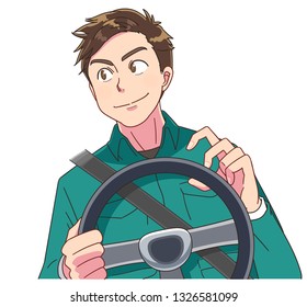 The man is driving a car. He is staring at the distance with a smile.