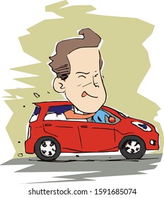 Man driving a car with head out of the window