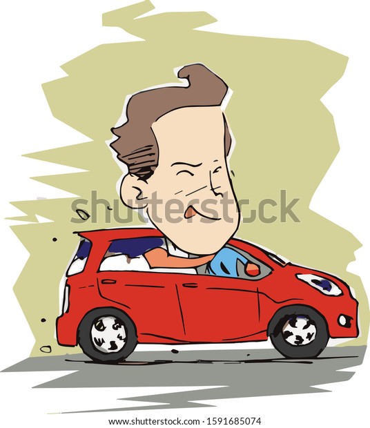 Man driving a\
car with head out of the\
window