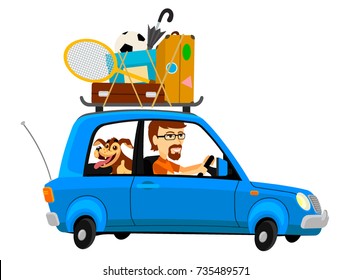 A man is driving in a car with his dog. Blue car on white.