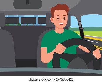 Man driving a car. car interior and driver, vector illustration