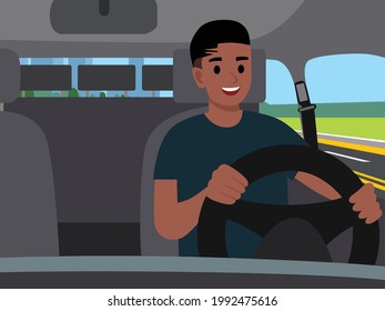 Man driving a car. car interior and driver, vector illustration