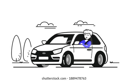 man driving car line style