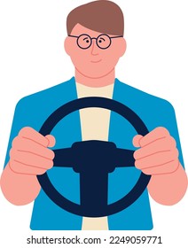 Man driving car. Male driver cartoon character