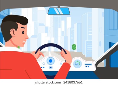 Man driving a car on the city road dashboard interior rear view male guy