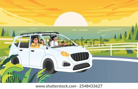 Man driving car on road across sea coast nature landscape at sunset sky