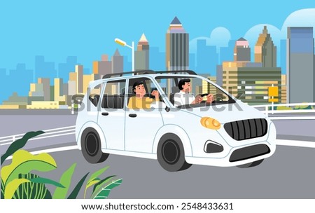 Man driving car on road across suburb along cityscape buildings town