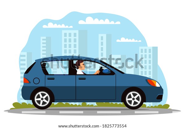 Man\
driving car on road. Business person riding vehicle. Transportation\
and travel in modern city vector illustration. Side view,\
background with buildings and sky with\
clouds.