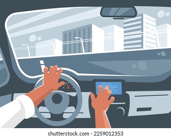 Man driving a car. With one hand he holds the steering wheel, and the other - playing the music. Vector graphics