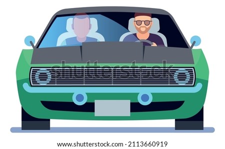 Man driving car with passenger. Auto front view