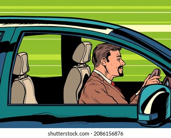 a man is driving a car, a passenger car. Travel or trip