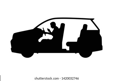 Man is driving car with phone in hand silhouette vector