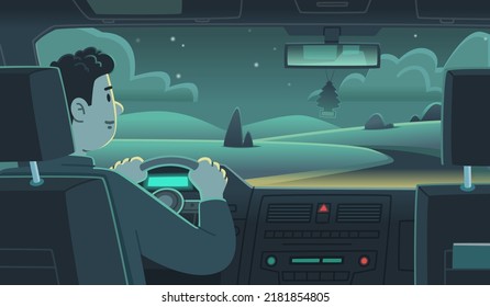 Man Driving A Car Rear View. Trip Late At Night. Vector Illustration In Flat Style