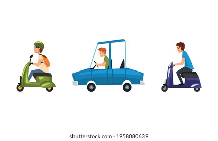 Man Driving Car and Riding Scooter Speeding Along the Road Vector Set