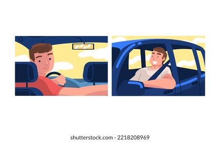 Man driving car set. Cheerful auto drivers sitting inside modern cars cartoon vector illustration