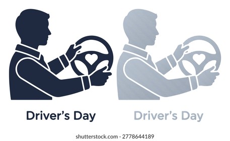 Man driving car side view, steering wheel heart icon, professional motorist, taxi service.