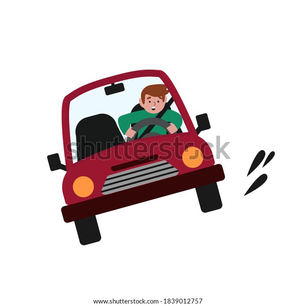 A man driving a car at speed. Vector illustration\
in cartoon style.
