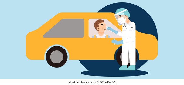 A man driving a car taking covid. A Doctor in a protective suit taking a nasal swab probe from a person to test for possible coronavirus infection. Illustration Cartoon Flat Vector Icon sign symbol.