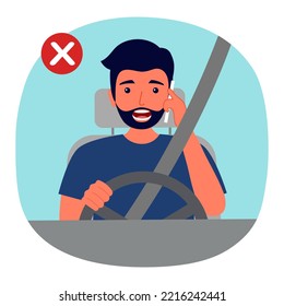 Man driving car talking on phone with stop sign in flat design.