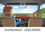 Man driving a car through a peaceful landscape with sunshine in the horizon