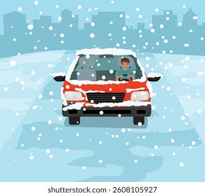 Man driving a car through the snowy and icy road in winter season