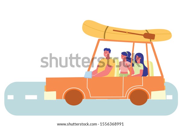 Man Driving\
Car with Two Girls with Boat on\
Roof.