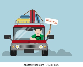 man driving car to vacation cartoon vector illustration